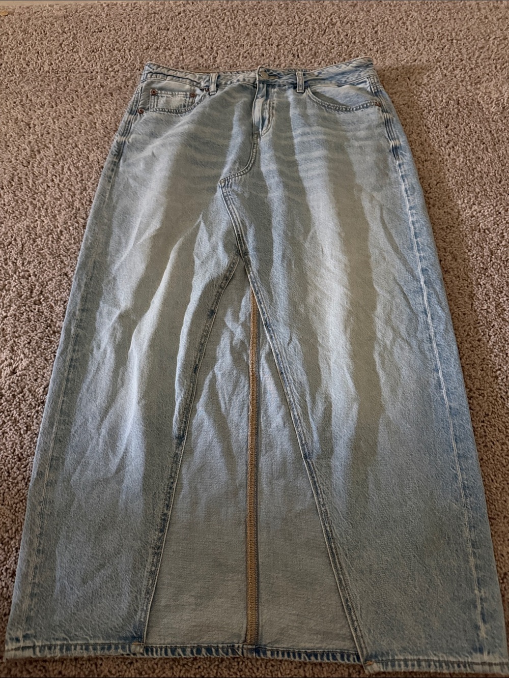 American Eagle Outfitters Light Wash Denim Maxi Skirt with Front Slit